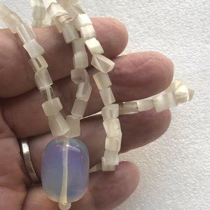 Vtg Opaline Clear Quartz Pendant Necklace Shell Stone Pearl 1 Strand Rhinestone